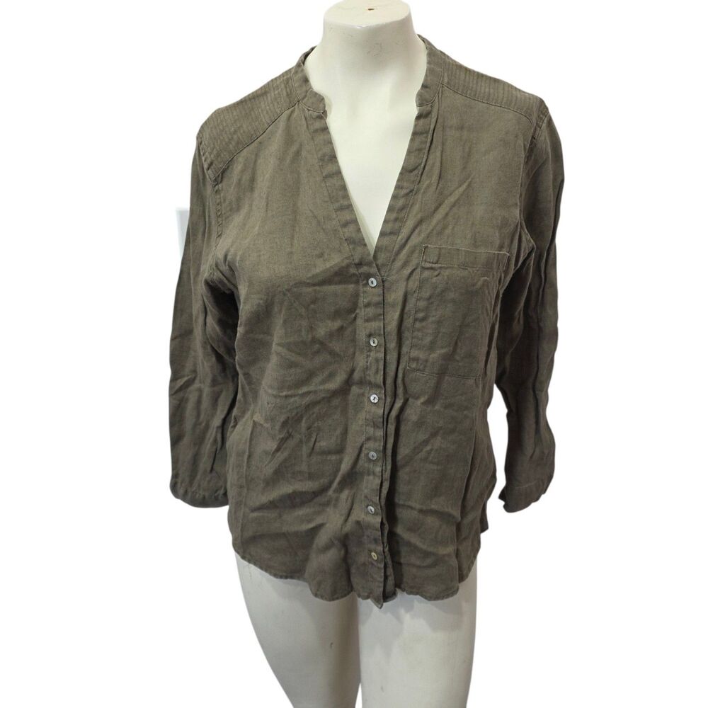 Zara Basic Linen Blend Blouse Womens Large Olive Button Front Roll Sleeve